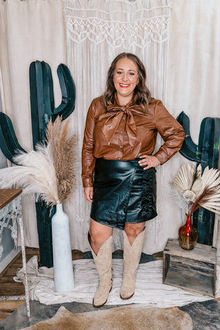 Leather Lux Bow Tie Top with Turquoise Snap