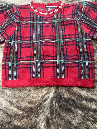 Red Plaid Rhinestone Snowflake Trim Scalloped Christmas Sweater