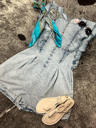 Washed Denim Ruffled Button Detail Romper