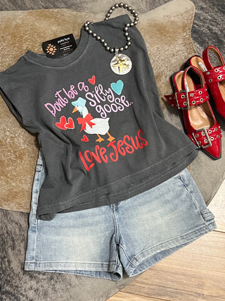 Gray cotton Silly Goose Love Jesus Muscle Tank styled with denim shorts and western charm necklace from Jayden Layne size-inclusive boutique
