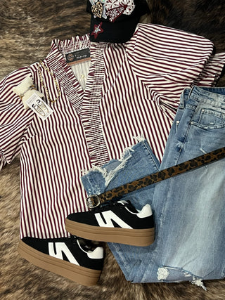 Plus Stripe Smocked V-Neck Puff Sleeve Top