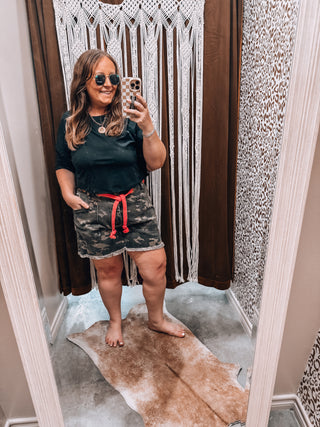 Braided Belt Patch Pocket Camo Shorts — Camouflage