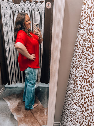 Red Woven Split Neck Top