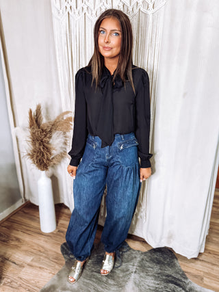 Ankle Drawstring Wide Denim Jeans