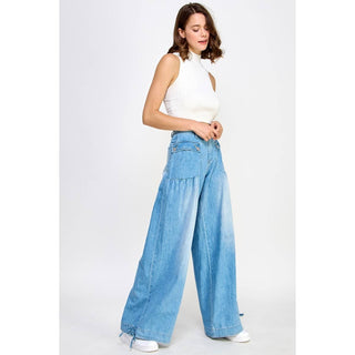 Ankle Drawstring Wide Denim Pants