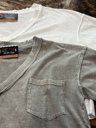 Washed exposed seam V-neck boxy knit top with chest pocket and raw edge seams, photo 6
