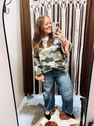Plus Soft Camo Sweater with Pink Contrast Neck and Roll Up Sleeves