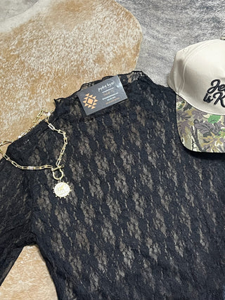 Black Sheer Lace Long Sleeve High Neck Layering Top by Jayden Layne, size-inclusive boutique, western boho style details