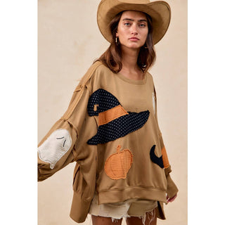 Oversized camel Halloween patchwork sweatshirt, additional view