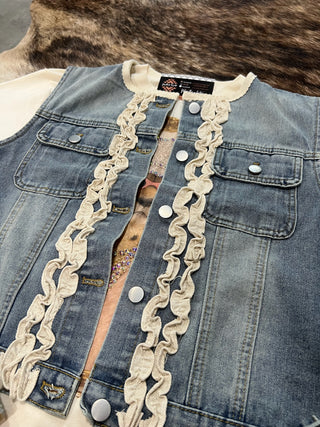 Washed denim ruffle vest
