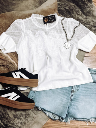 Lace trim short sleeve blouse top
