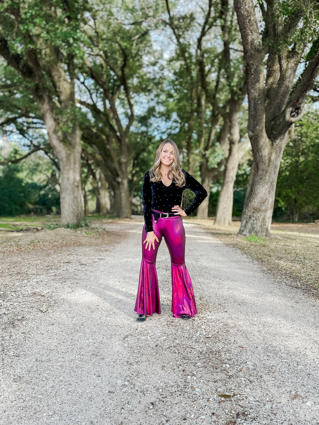 Lainey magenta faux leather bell bottoms