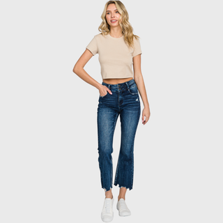 Dark wash crop bootcut jeans, frayed hem detail
