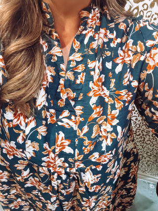 Teal botanical floral long sleeve tiered mini dress with pockets, photo 4