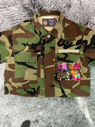 Camo Sequin Contrast Cropped Jacket