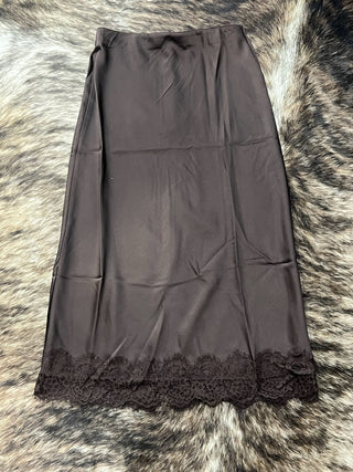 Satin Lace Hem Back Slit Pencil Midi Skirt