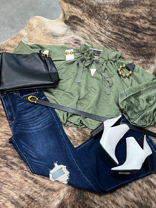 Olive satin look tie neck balloon sleeve top with ruffled neckline and gathered bubble hem, photo 1