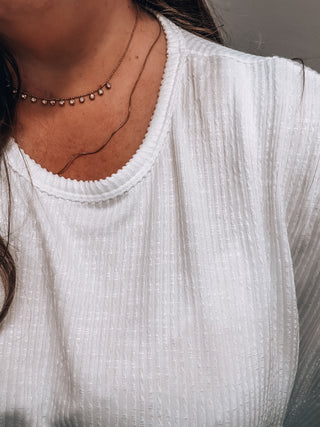 White Ribbed Striped Oversized Short Sleeve Top