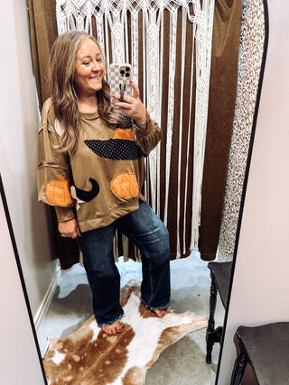 Camel oversized French terry Halloween patchwork sweatshirt with ghost, polka dot witch hat, witch boot and pumpkin appliqué, photo 1