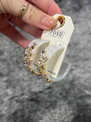 White Marble Crystal Stone Hoop Earrings