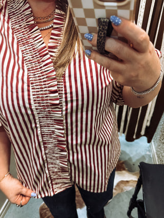 Plus Stripe Smocked V-Neck Puff Sleeve Top