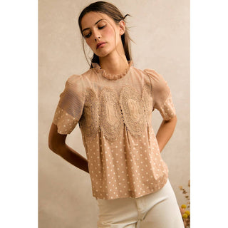 Polka Dot Print Lace Trim Short Sleeve Cotton Blouse Top