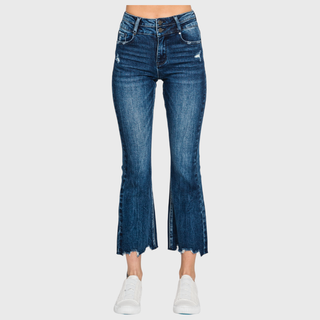 Dark wash crop bootcut jeans, pocket detail