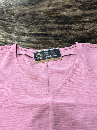 Woven Airflow V-Neck Short Sleeve Top — Rose