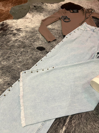 Studded Side Detail Split Leg Frayed Wide Leg Jeans