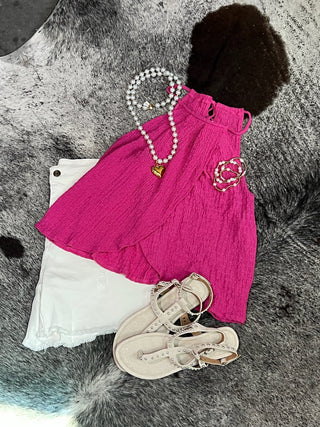 Pink Textured Halter Overlay Top