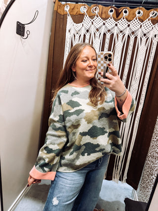 Plus Soft Camo Sweater with Pink Contrast Neck and Roll Up Sleeves