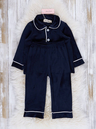 Boys emerald green velvet Christmas pajama set with white piping, photo 8