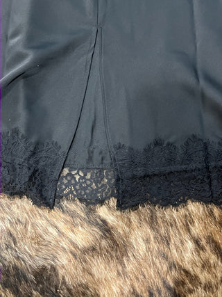 Satin Lace Hem Back Slit Pencil Midi Skirt