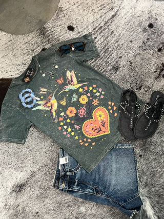 Hummingbirds & Flowers Mineral Wash Tee