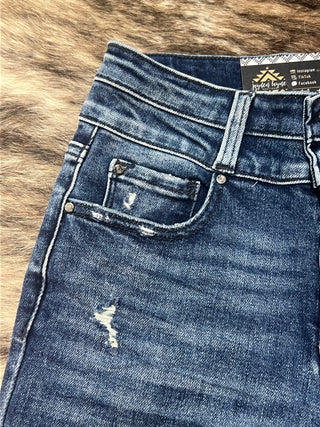 Dark wash high rise crop bootcut jeans with frayed hem, photo 5