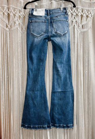 Taylor Mid Rise Dark Wash Distressed Flare
