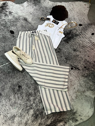 Striped Relaxed Wide Leg Linen Pants — Grey