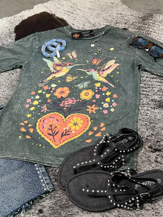 Hummingbirds & Flowers Mineral Wash Tee