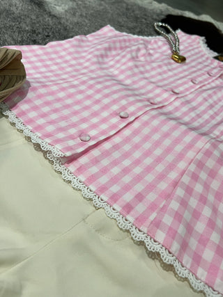 Gingham Lace Trim Button Down Vest Top