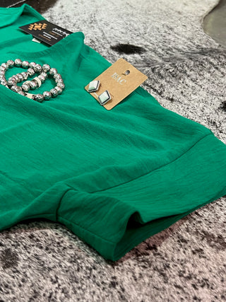Kelly Green Woven Split Neck Top