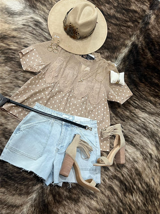 Polka Dot Print Lace Trim Short Sleeve Cotton Blouse Top