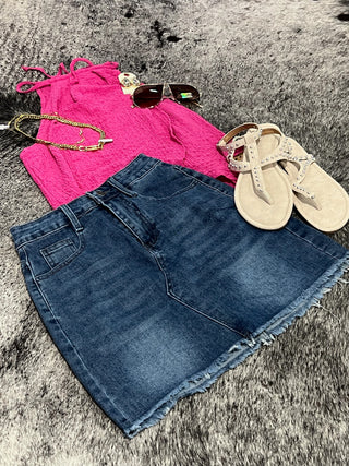 Lucky & Blessed Frayed Hem Denim Skirt