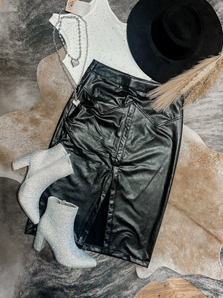 Black leather midi skirt
