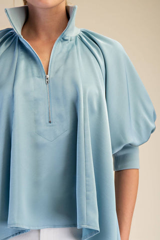 Blue Satin Puff Sleeve Mock Neck Zipper Blouse