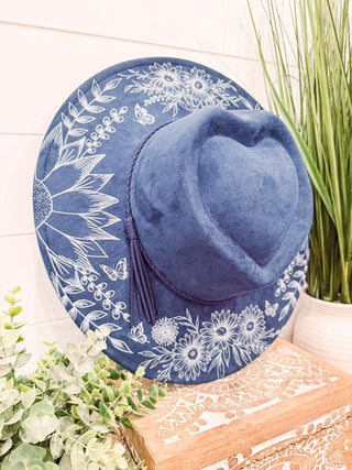 Floral print heart hat in vegan suede, charcoal and black options