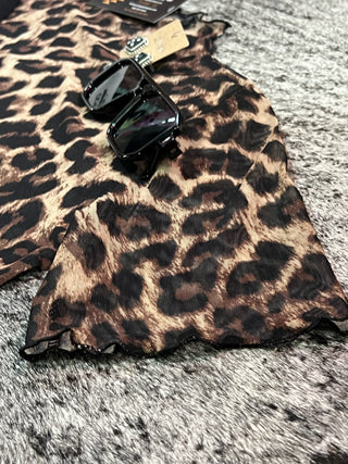 High Neck Leopard Mesh Short Sleeve Top