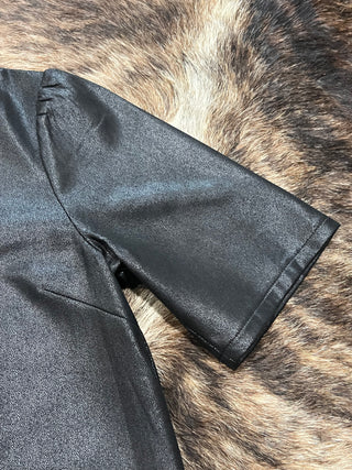 Ruffled V-Neck Faux Leather Shift Dress