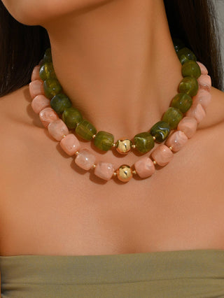 Boho colorful geometric acrylic bead necklace, pink colorway
