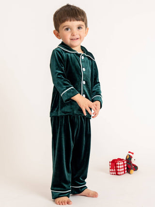 Boys emerald green velvet Christmas pajama set with white piping, photo 1