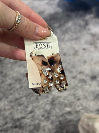 Tortoise Shell Crystal Stone Hoop Earrings